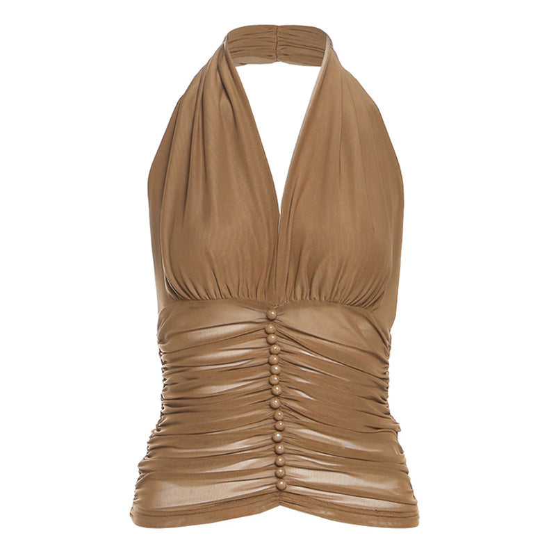 SXR summer V-neck halter camisole mesh pleats top