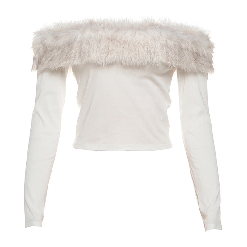 SXR autumn and winter cropped off-the-neck fur stitching color contrast long sleeve T-shirt top