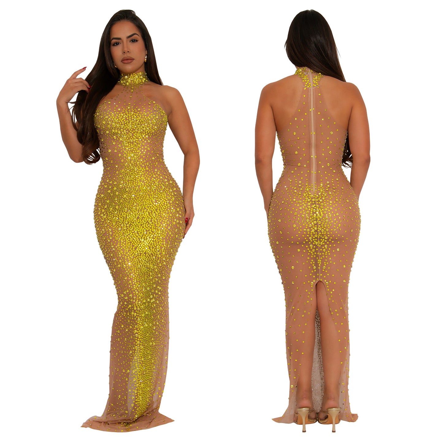 XYZ C7556 sheer mesh rhinestone slim dress