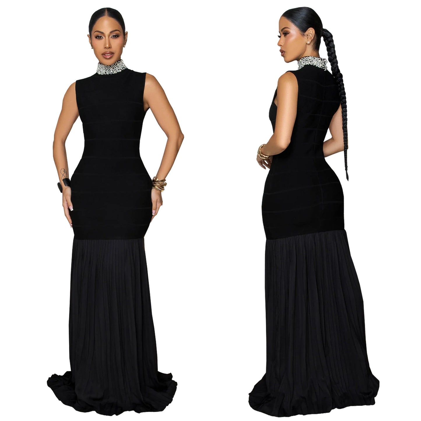 XYZ C7409 stitching pleated slim-fit bubble Bead Dress