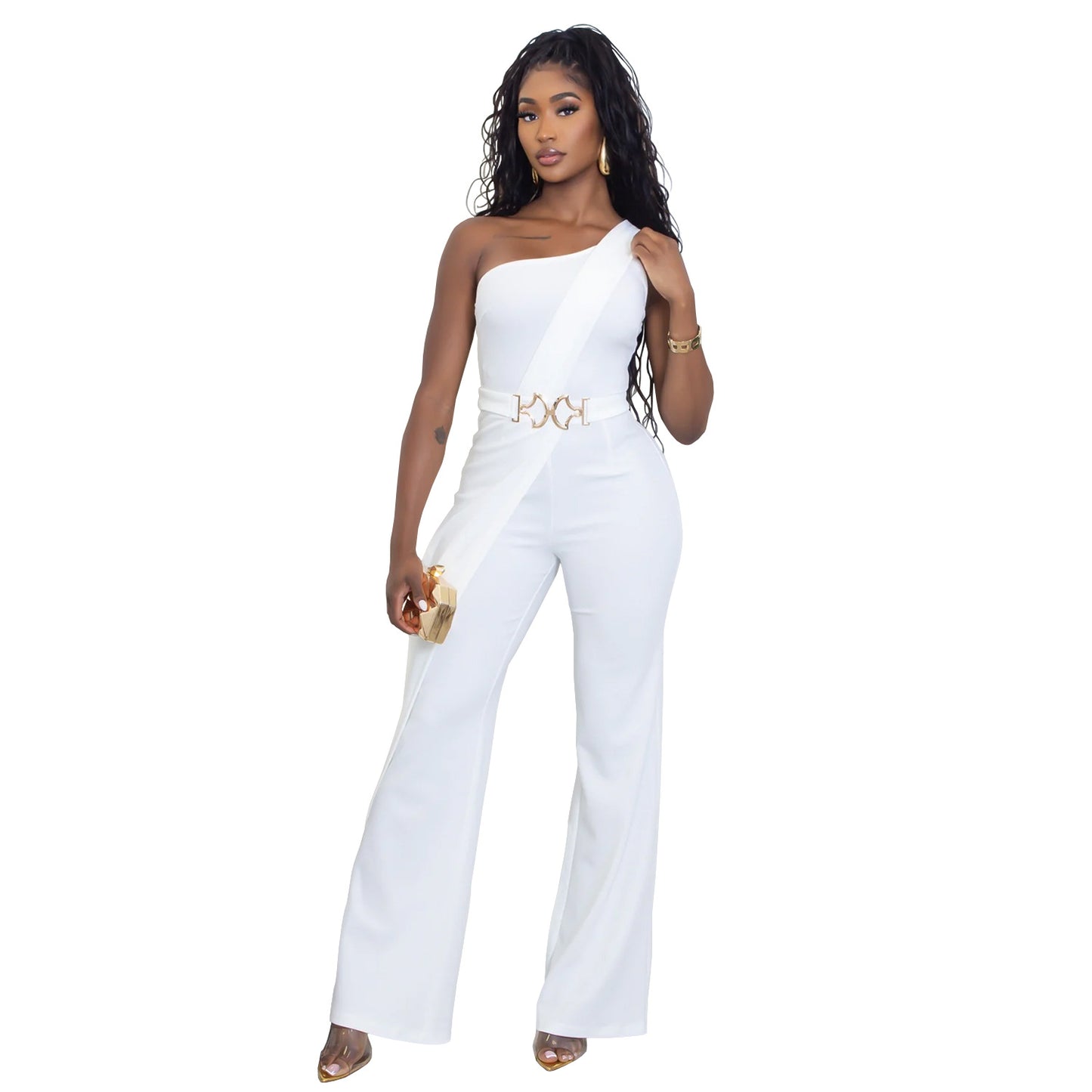 XYZ C7505 summer elegance decorative buckle oblique shoulder jumpsuit
