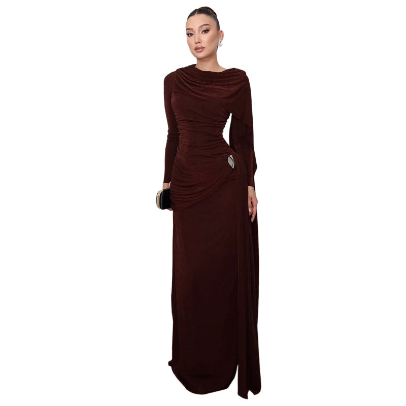 SXR autumn and winter fitted waist pleated ribbon solid color dress