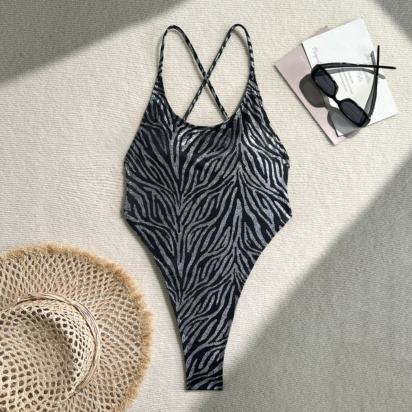 (4 days ready to ship) SY bronzing zebra stripe backless Siamese T-back swimsuit