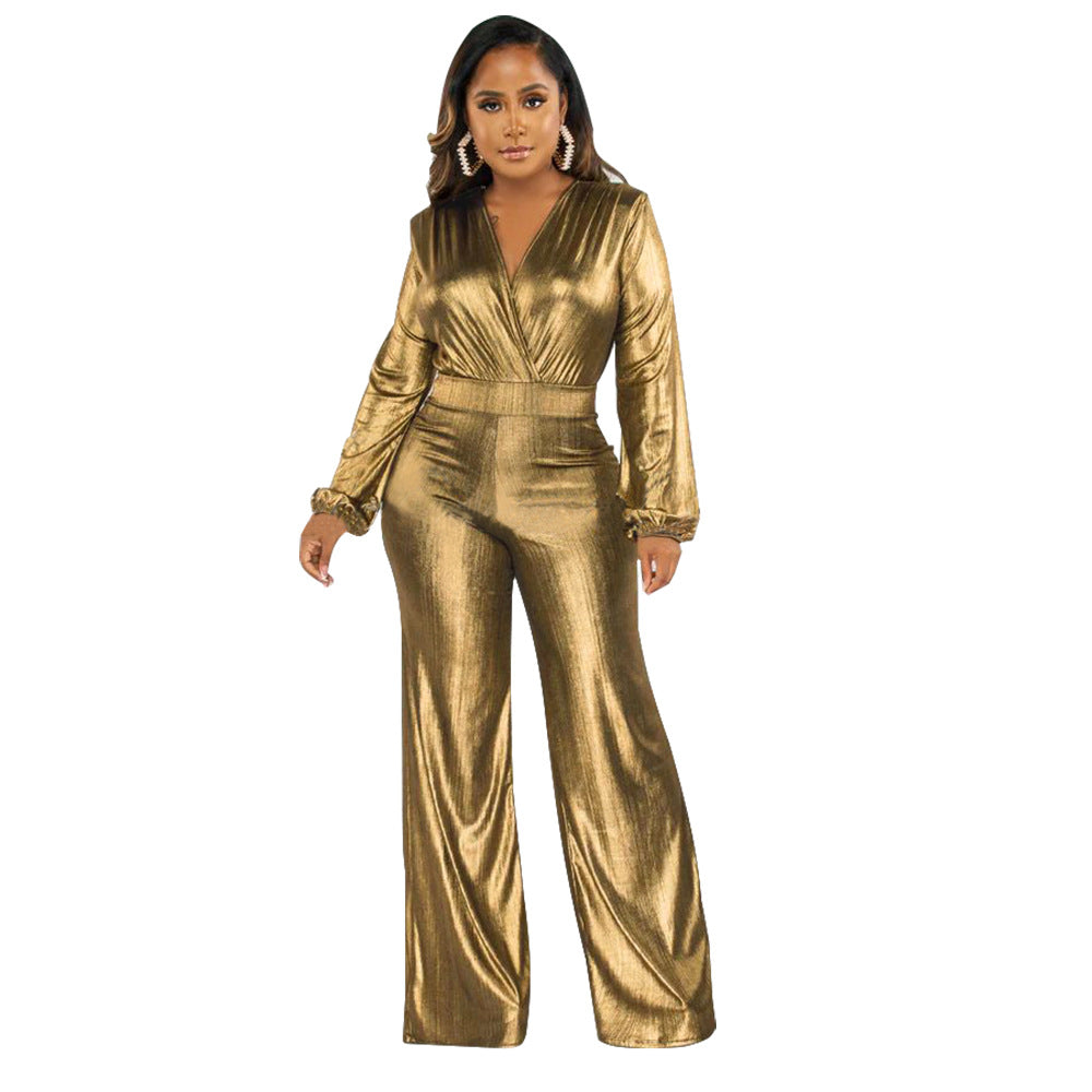 MYF (S-2XL) K10317 autumn V lantern sleeve gilding one-piece