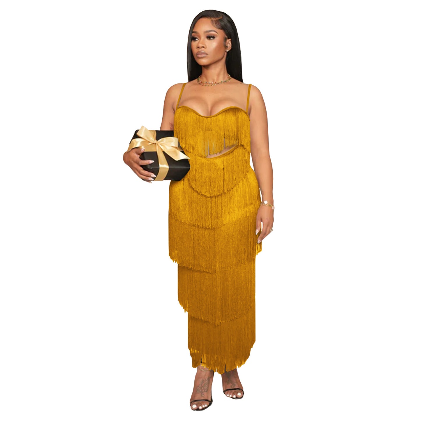 XYZ C7431 strap backless tassel long dress