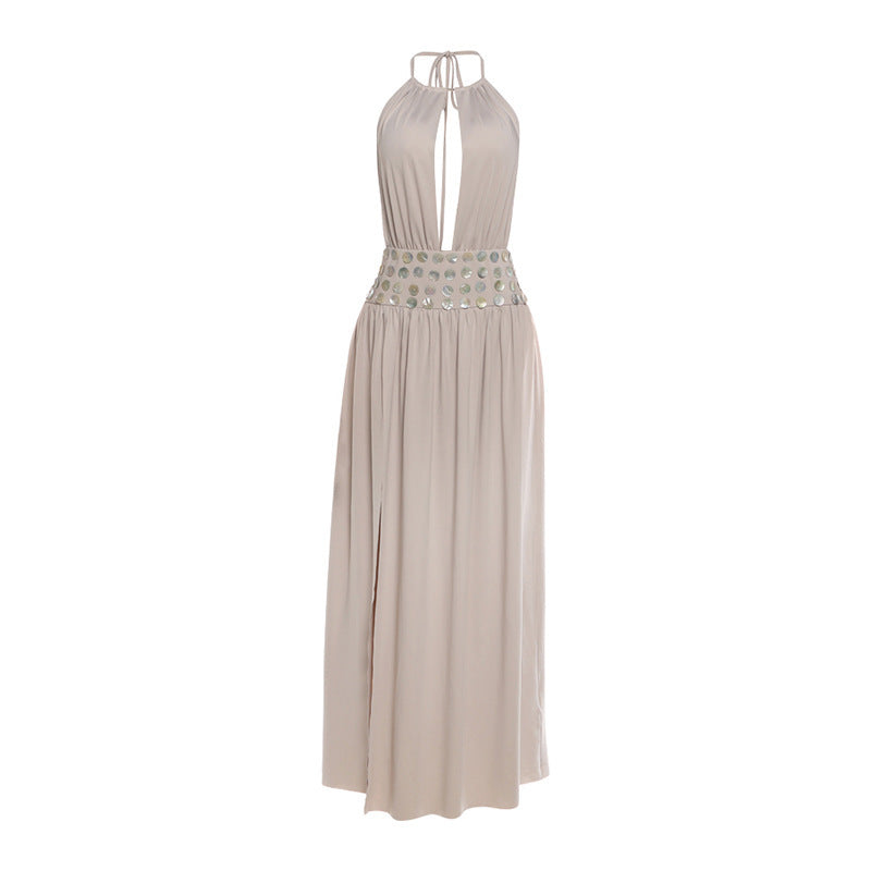 SXR K25D88241 cropped waist slit halter dress
