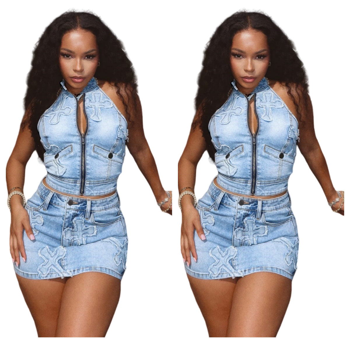 MZ (S-2XL) embroidered denim skirt MZ88583 vest short skirt stretch suit