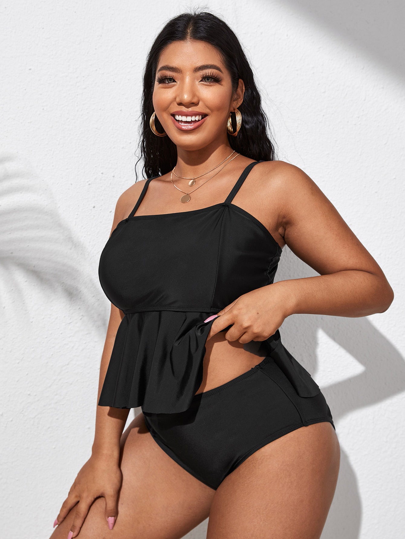 LF (L-4XL) 2026 swimsuit women's split solid color black plus size plump girls triangle