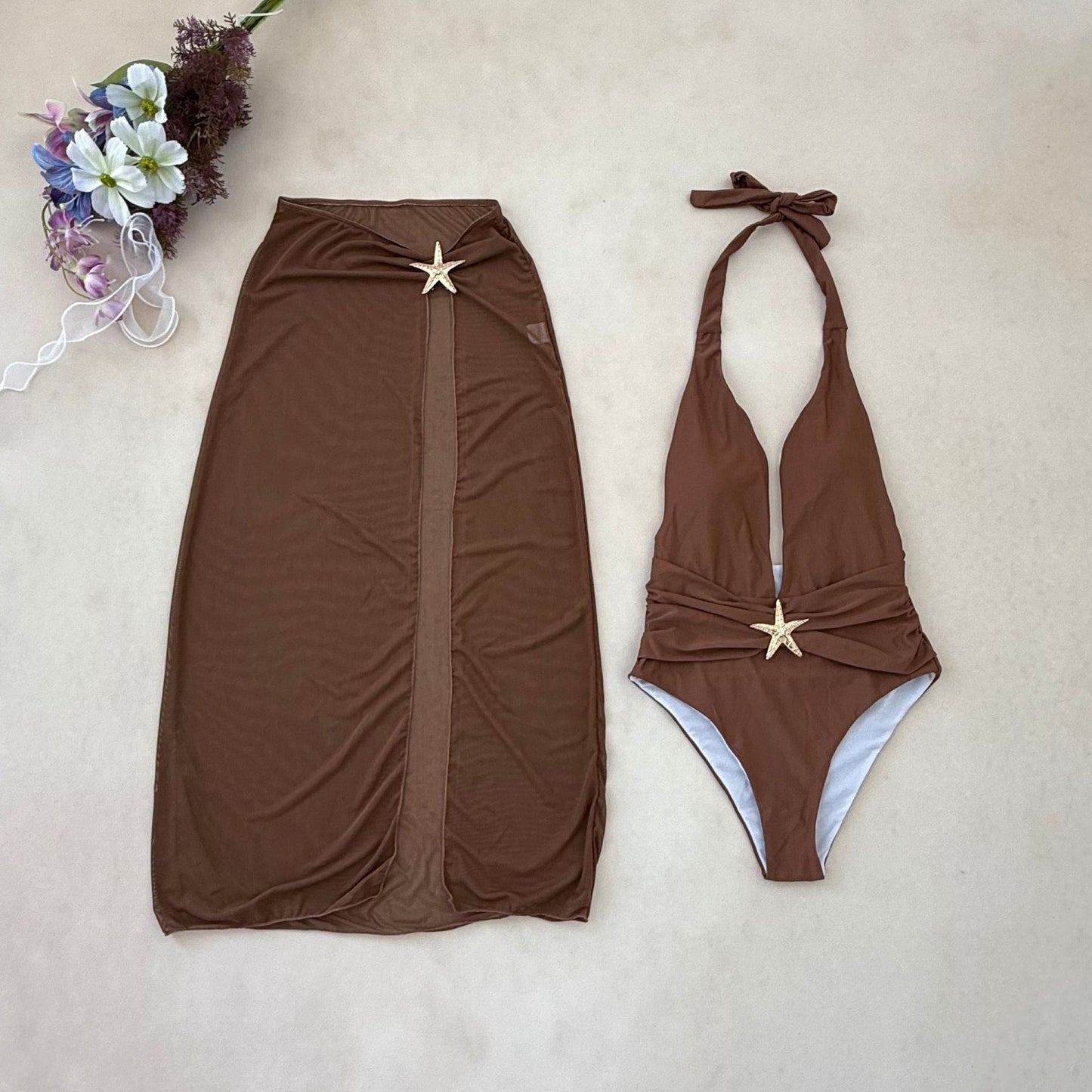 (4 days ready to ship) SY one-piece split dress mesh halter bikini