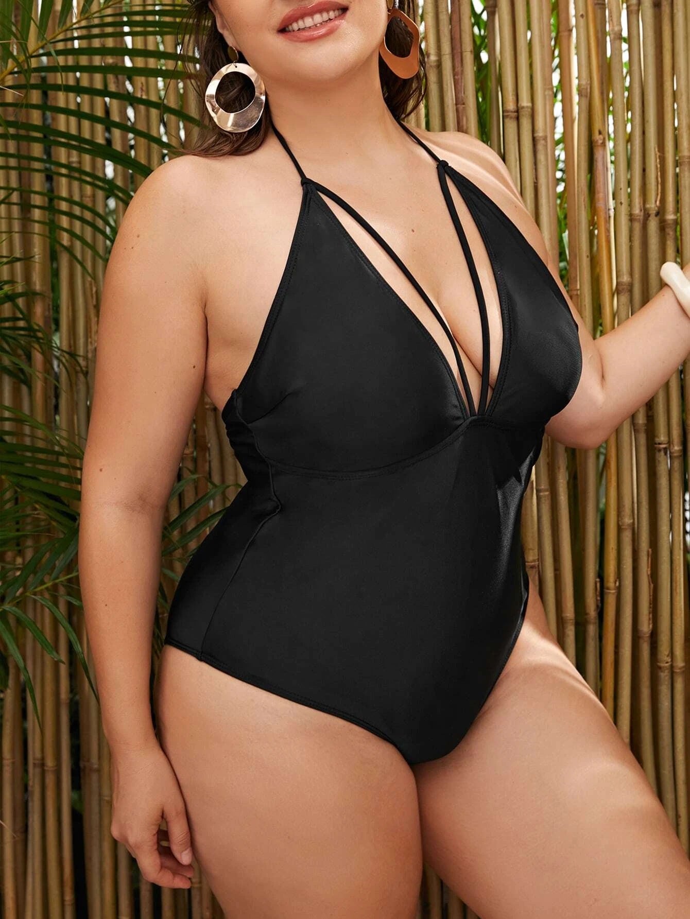 LF (L-4XL) women's one-piece solid color black sexy swimsuit plus size