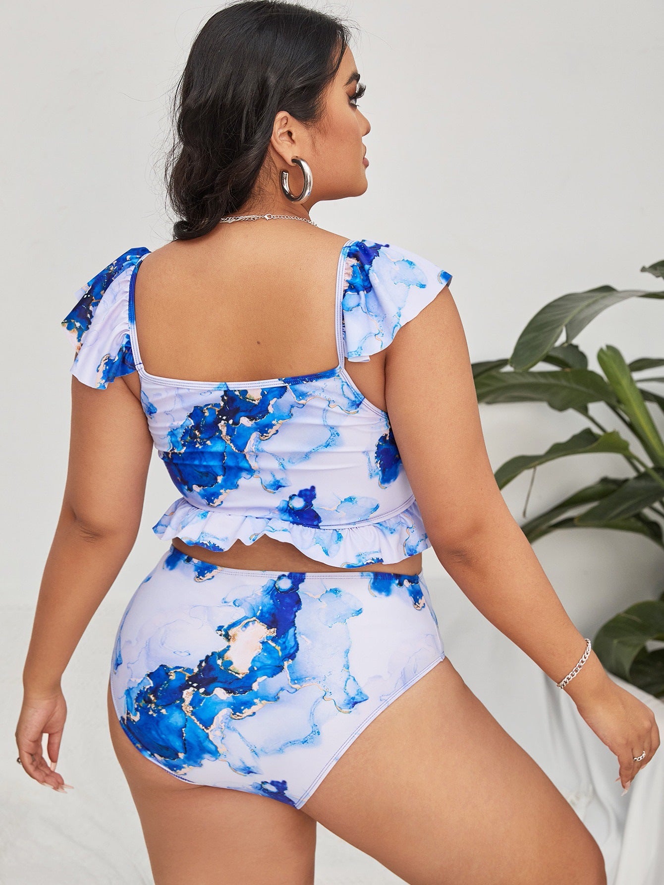 LF (L-4XL) women's split color printing swimsuit plus size
