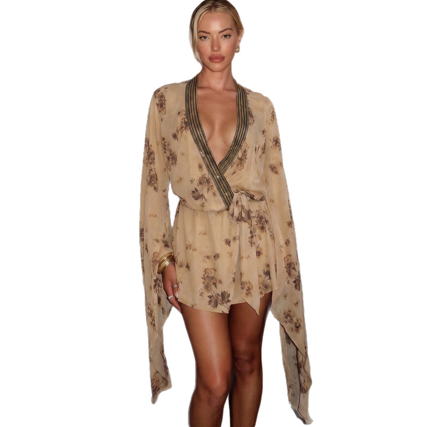 SXR K6D08886A summer V-neck lace up waist wide sleeve dress