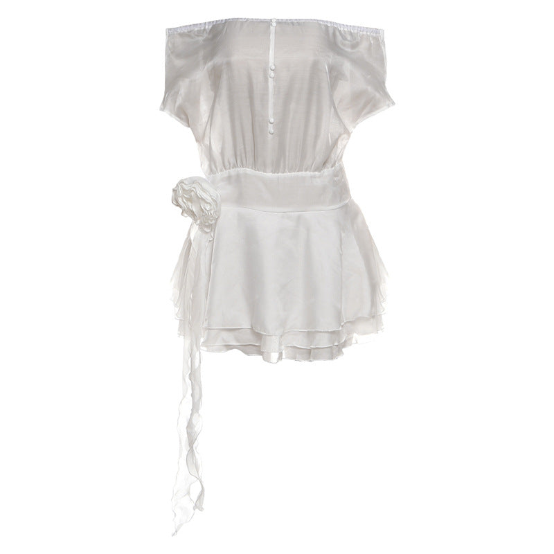 SXR autumn net yarn flowers fitted waist backless off-the-shoulder jumpsuit short skirt
