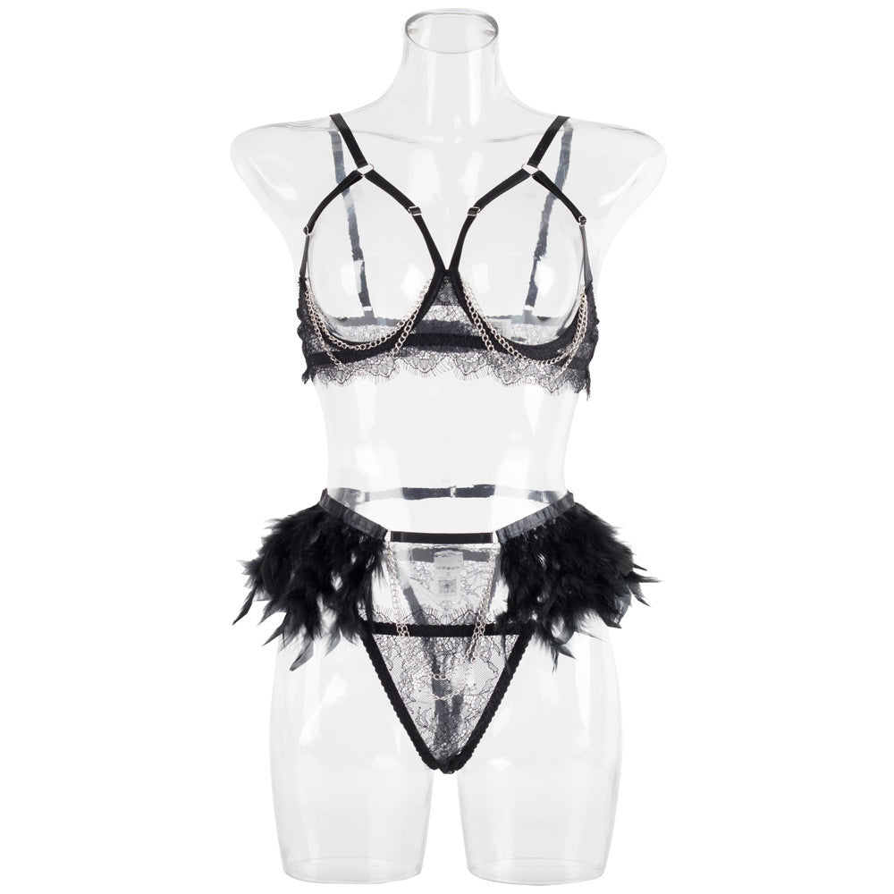 Sexy lingerie bra set lace Dew gold necklace feather with steel ring three-piece set 1584