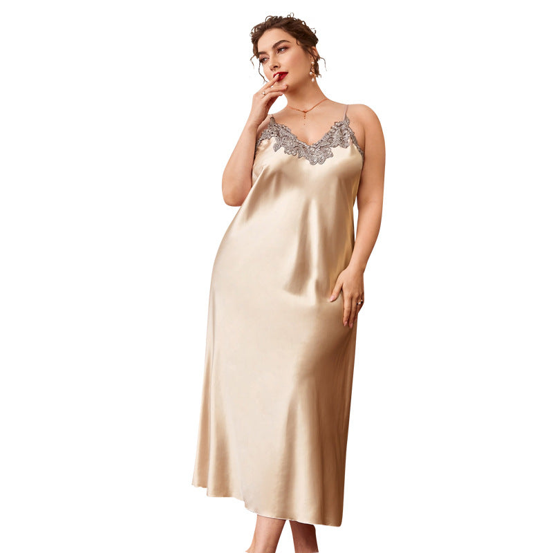 DNL plus-sized pajamas suspender skirt spring flower edge nightgown long artificial silk