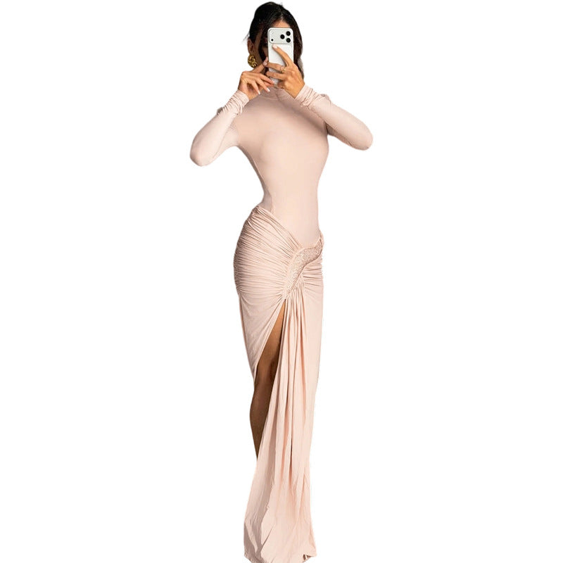 SXR spring solid color elegant graceful turtleneck waist-tight split long sleeve dress