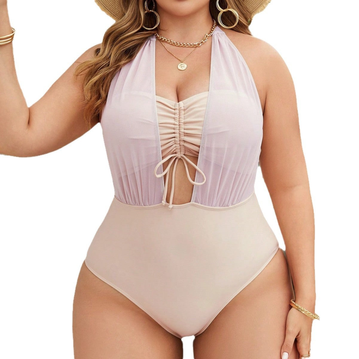 LF (L-4XL) 2026 swimsuit high elastic polyester pure color mesh plus size one-piece