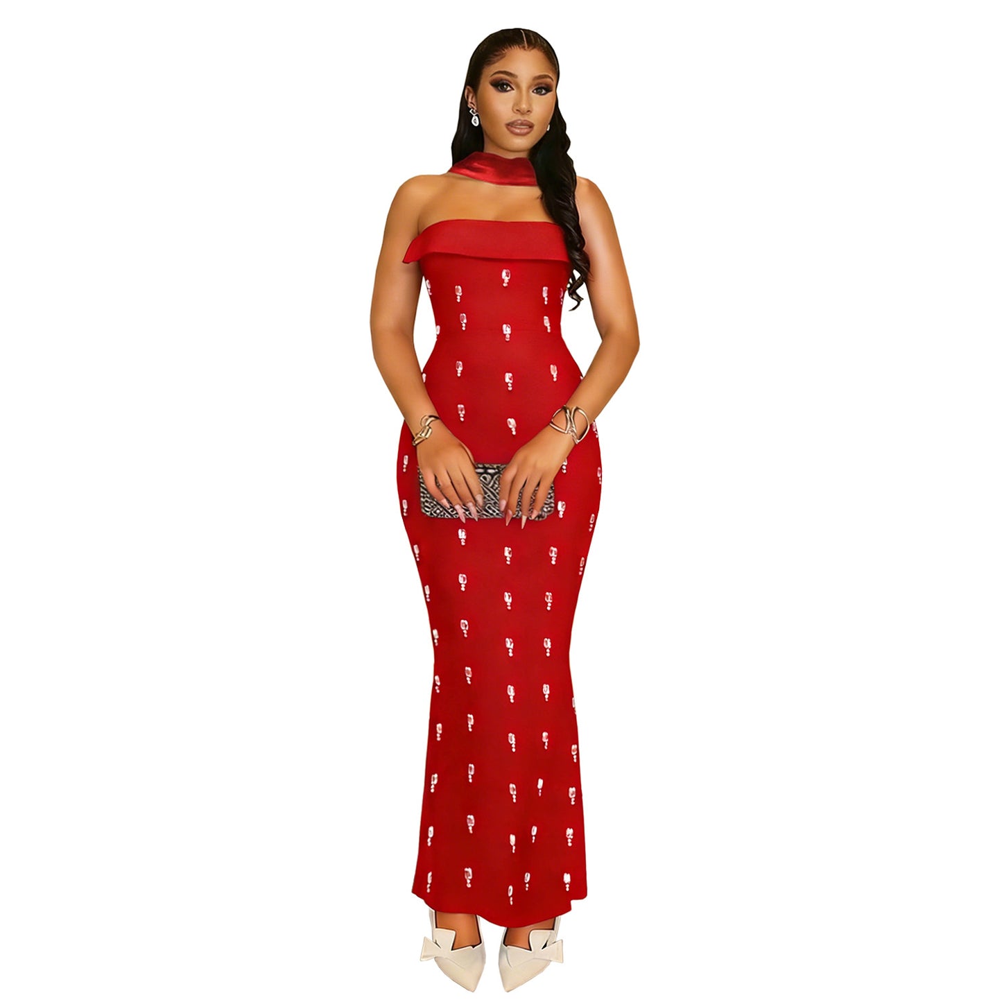 XYZ C7626 elegant tube top rhinestone ribbon dress suit
