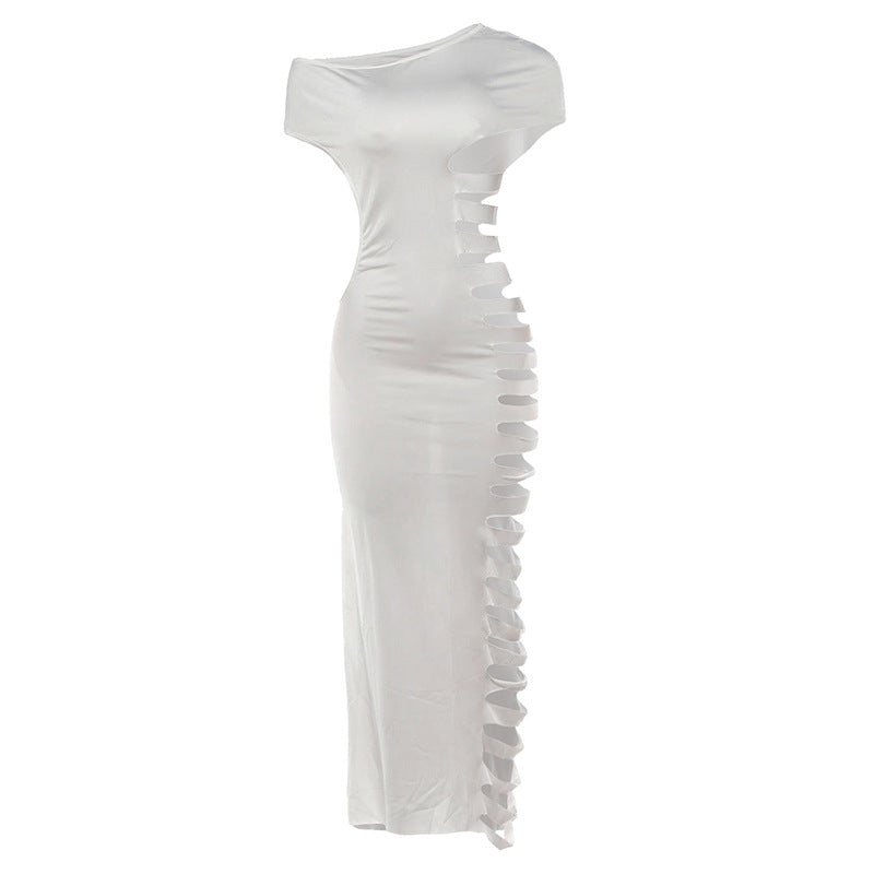 DLS Spring shoulder collar sleeveless side hollow sexy sheath dress
