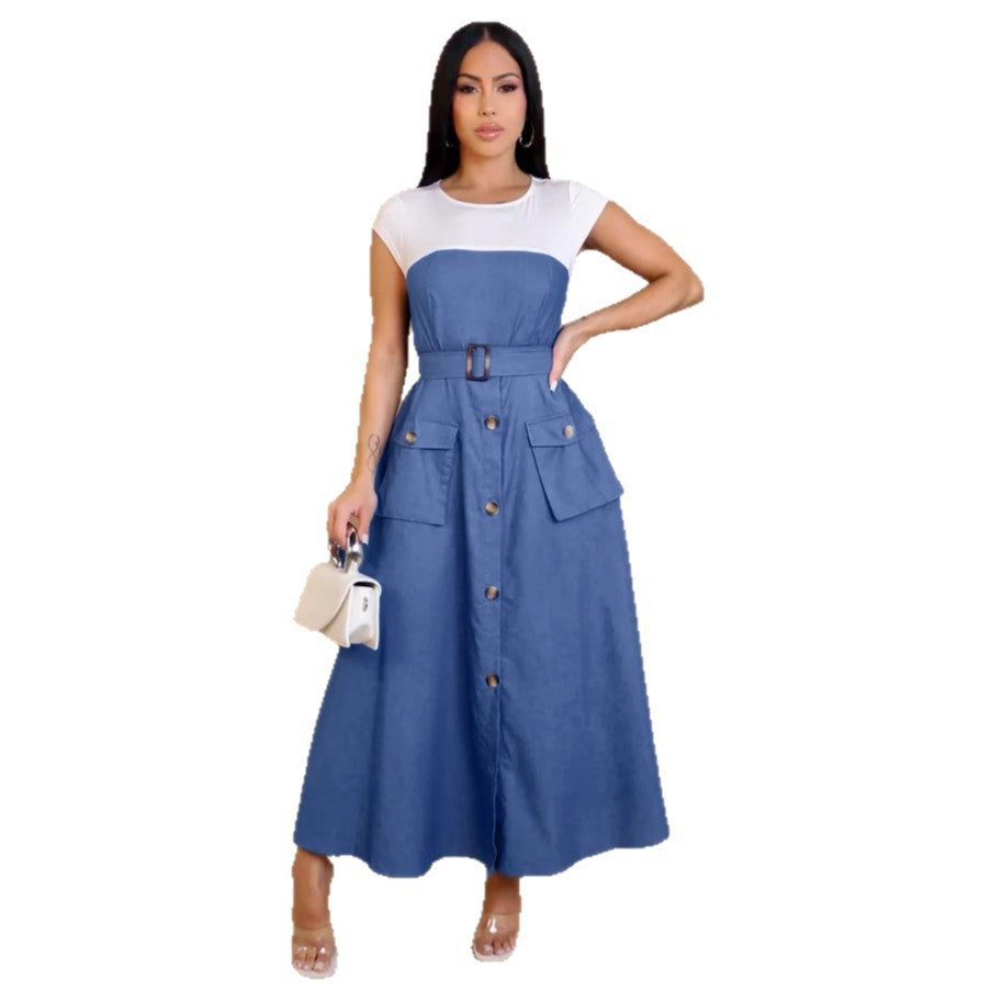 GY (S-3XL) K3635 denim stitching contrast color overalls pocket a-style hemline waist dress