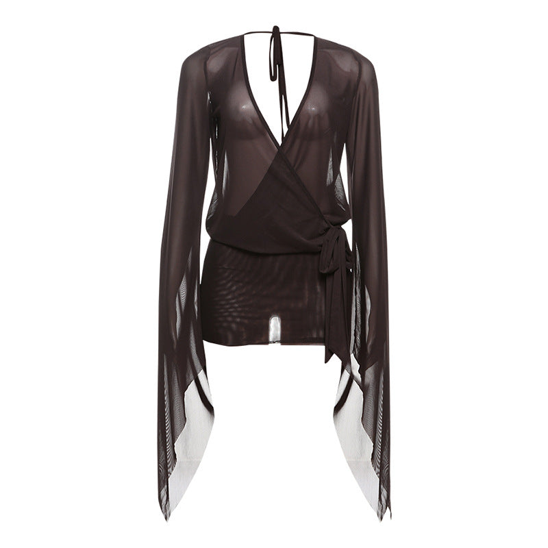 SXR spring deep V see-through backless lace up solid color sheath short skirt