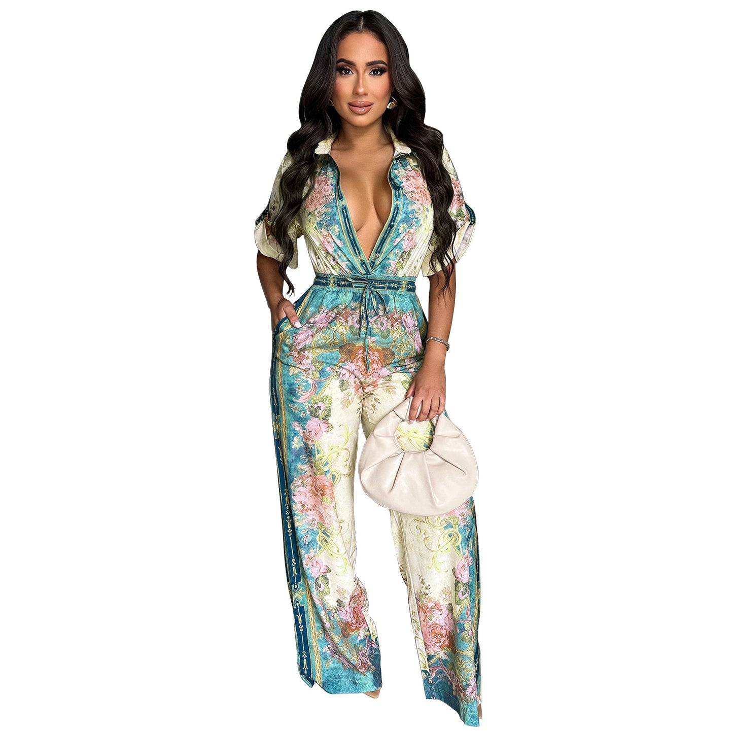 MYF (S-2XL) 20154 V-neck vintage printed jumpsuit
