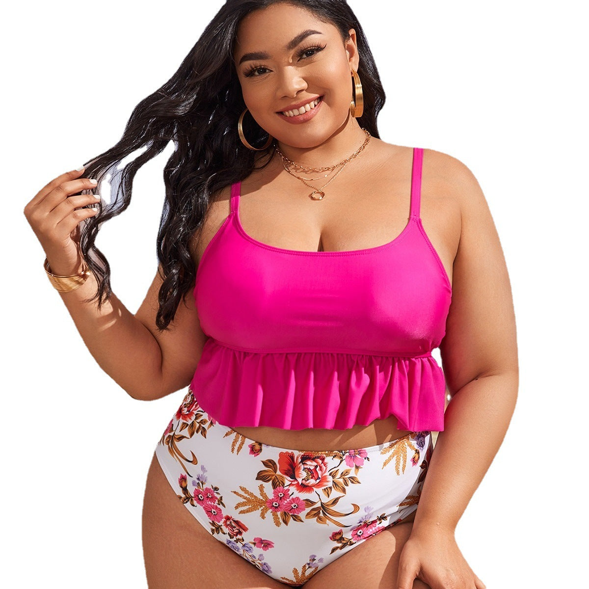 LF (L-4XL) women's split color printing swimsuit plus size