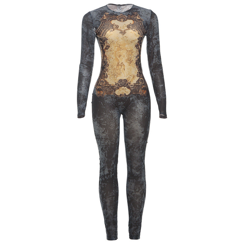 SXR summer printed mesh high waist long-sleeve zipper jumpsuit