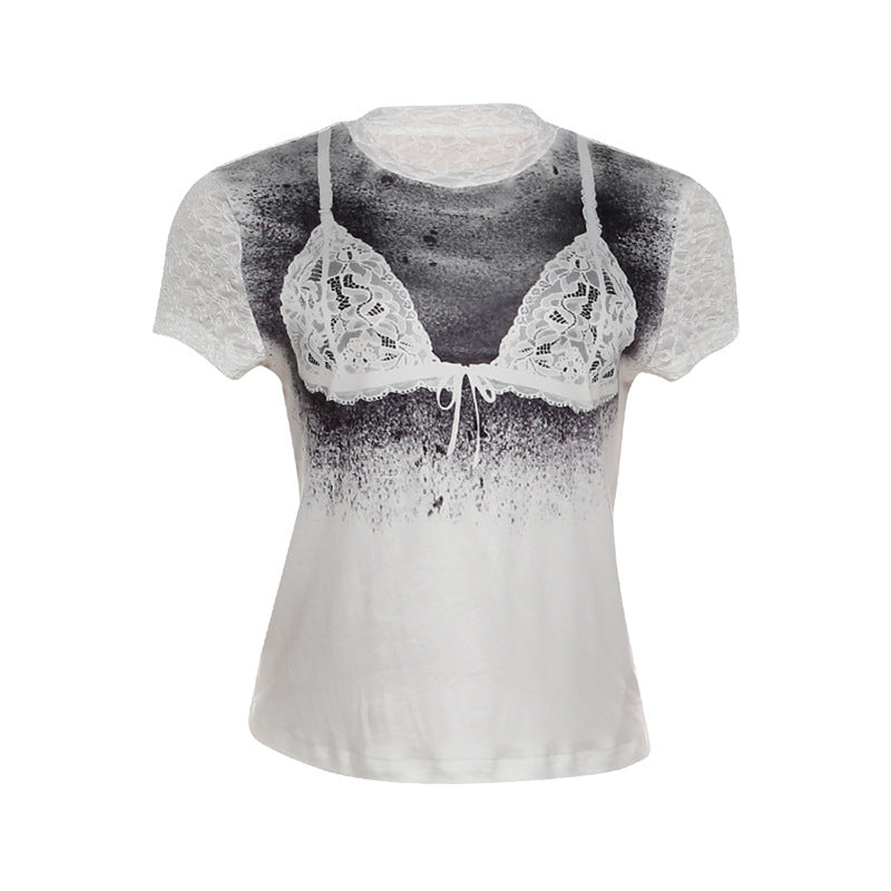 SXR K6L06645 spring personalized printed short-sleeved T-shirt sexy see-through lace stitching coat
