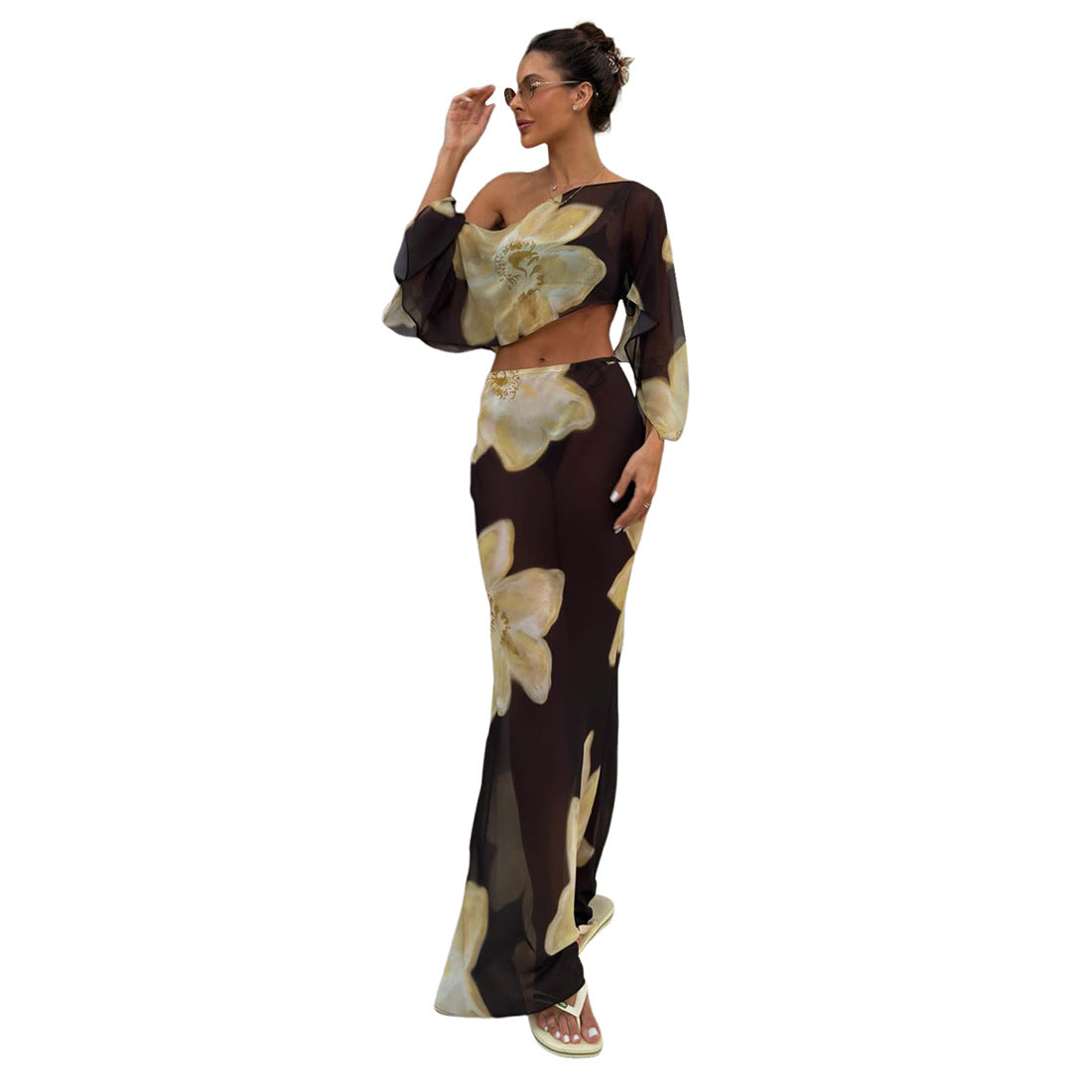 SXR autumn and winter off-shoulder midriff-baring top high waist drawstring printed skirt