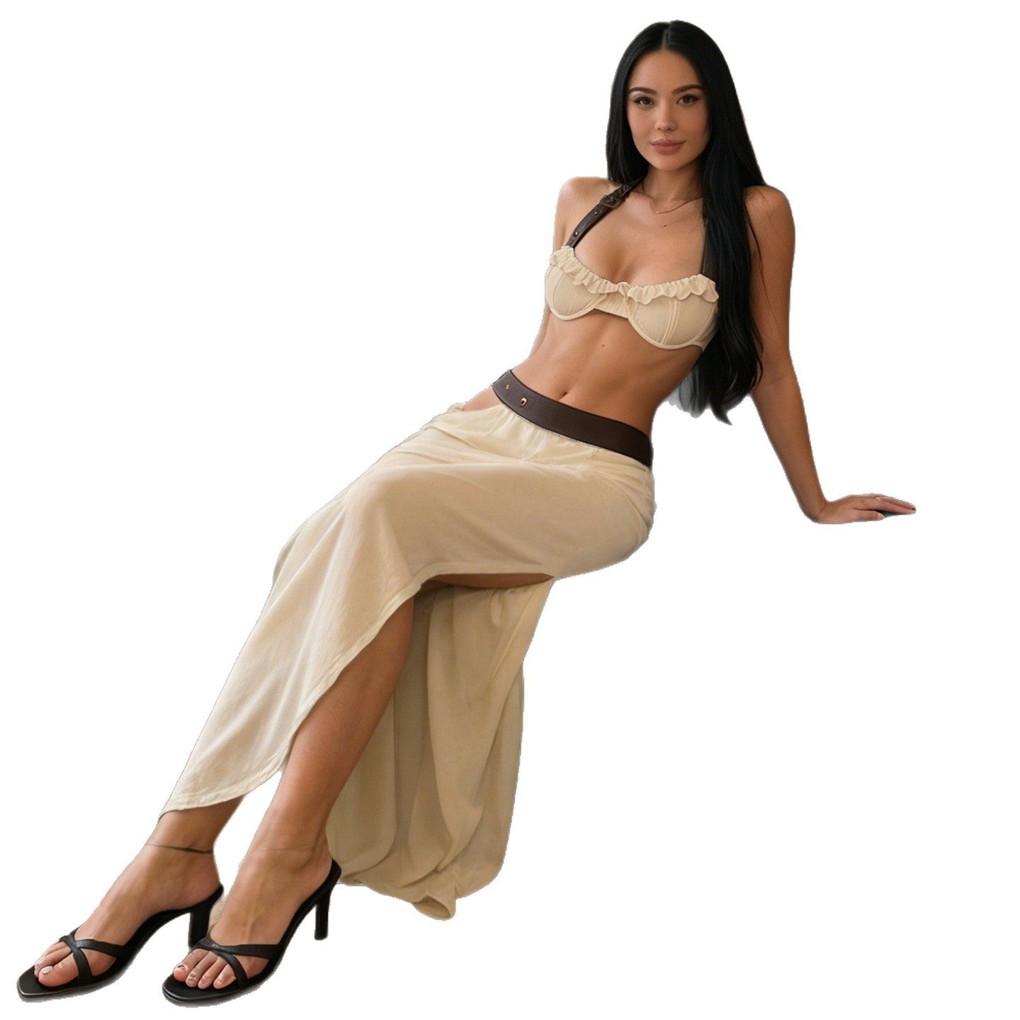 SXR K6S04938A spring PU sexy halter navel slit dress suit