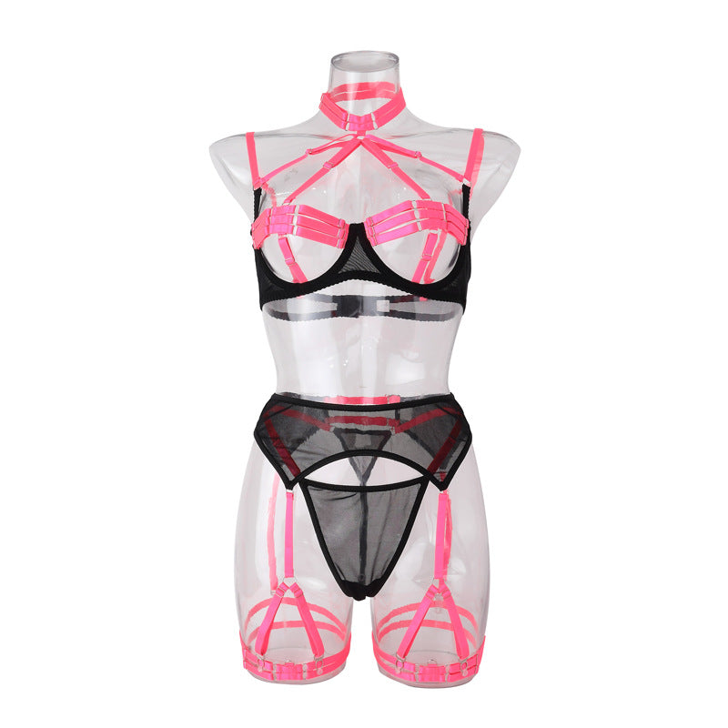 Mesh underwear sexy lingerie comfortable contrast color bra panties Garter sets