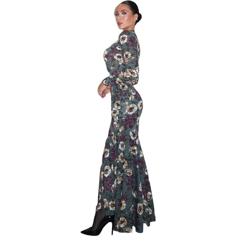 SXR 2026 spring vintage printed fishtail dress long sleeve waist-tight elegant dress