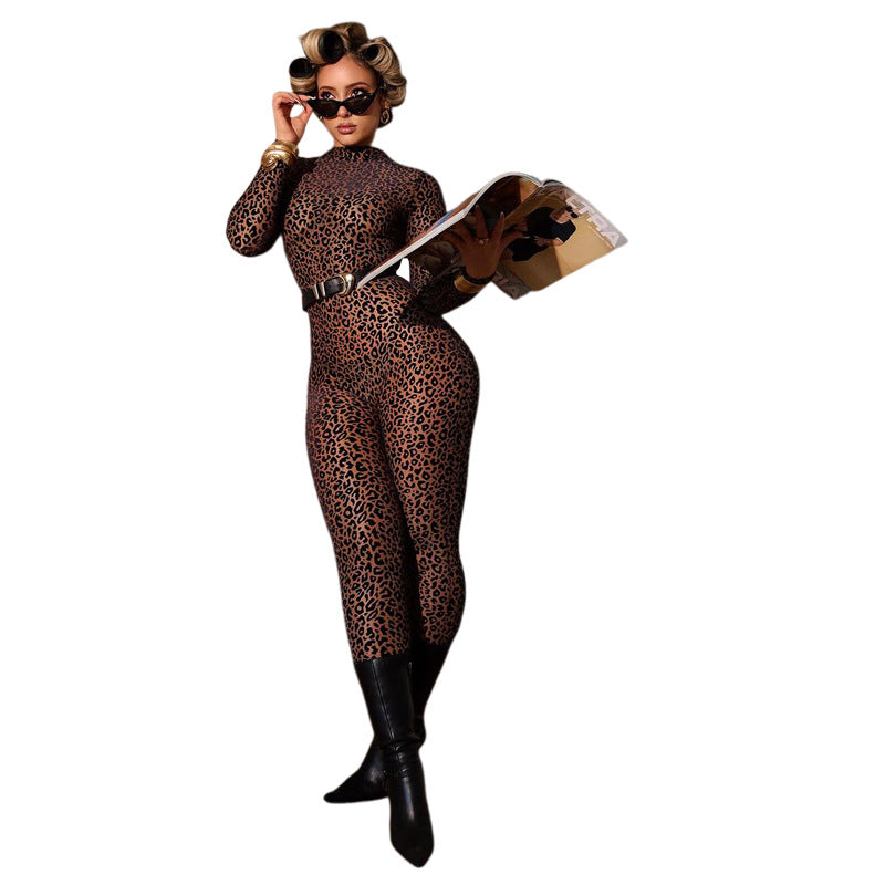SXR summer fashion leopard print high waist sheath long sleeve jumpsuit