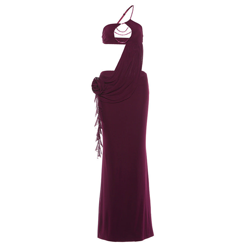 SXR Spring 2026 midriff outfit sexy bandeau bead necklace flower oblique shoulder strap dress