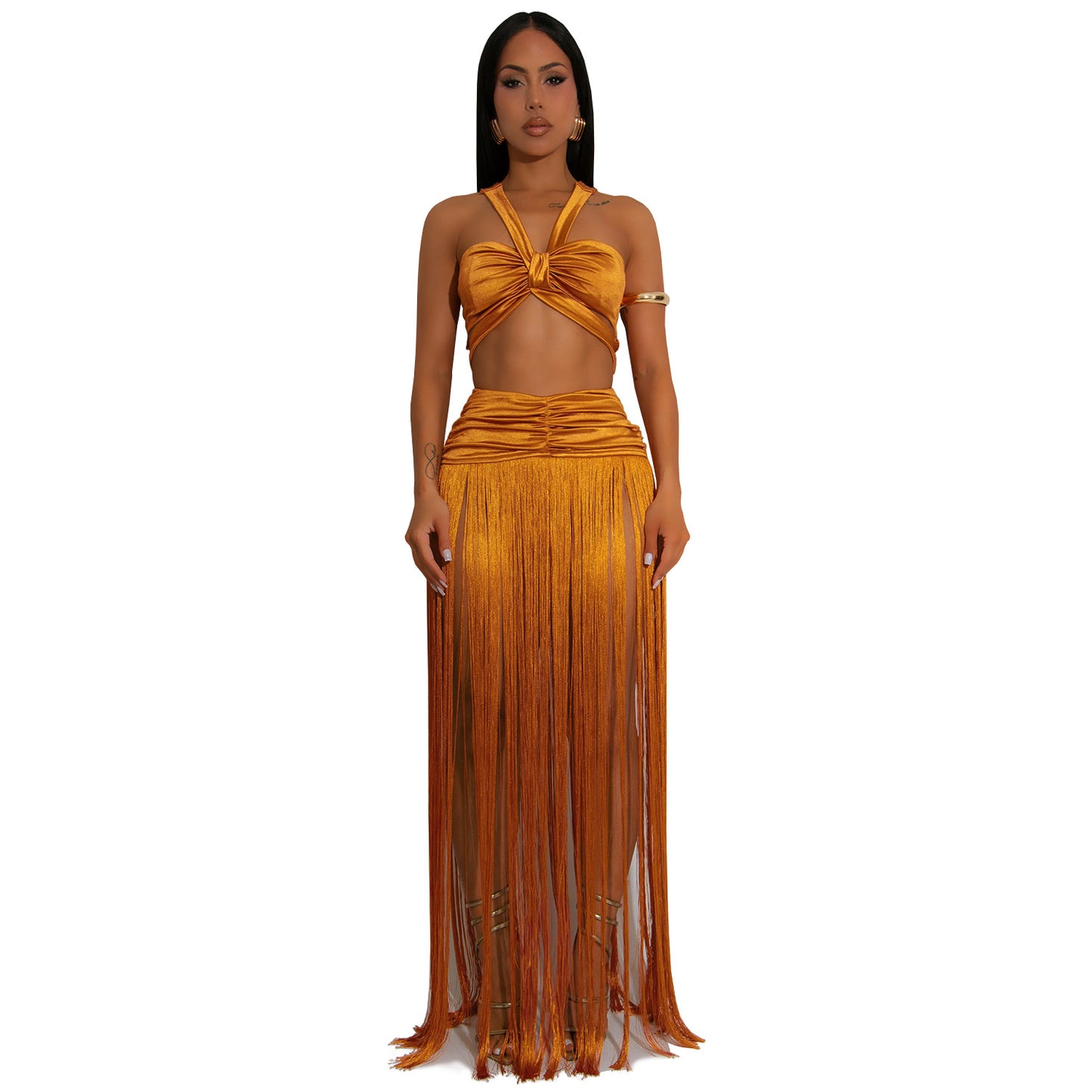 XYZ C7438 shoulder strap top tassel dress two-piece set