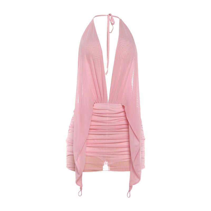 SXR 2026 spring sexy deep V halter backless hip-wrapped short mesh dress
