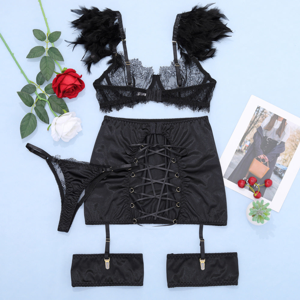 Lingerie red feather lace garter steel ring sexy Lingerie for women body shaping two-piece suits