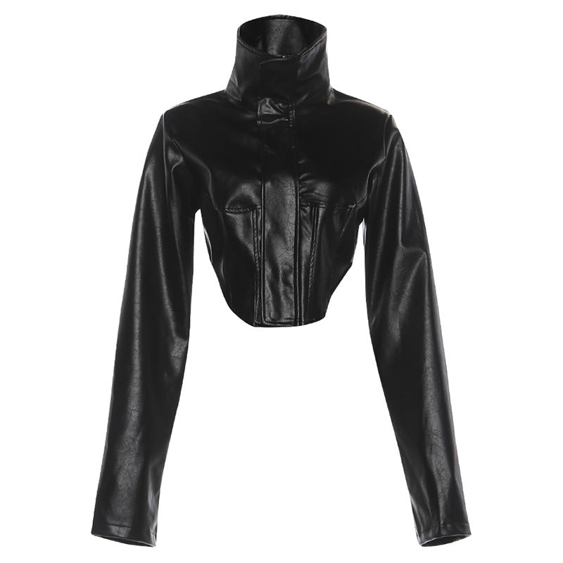 SXR autumn and winter slimming high collar solid color zipper short pu leather coat