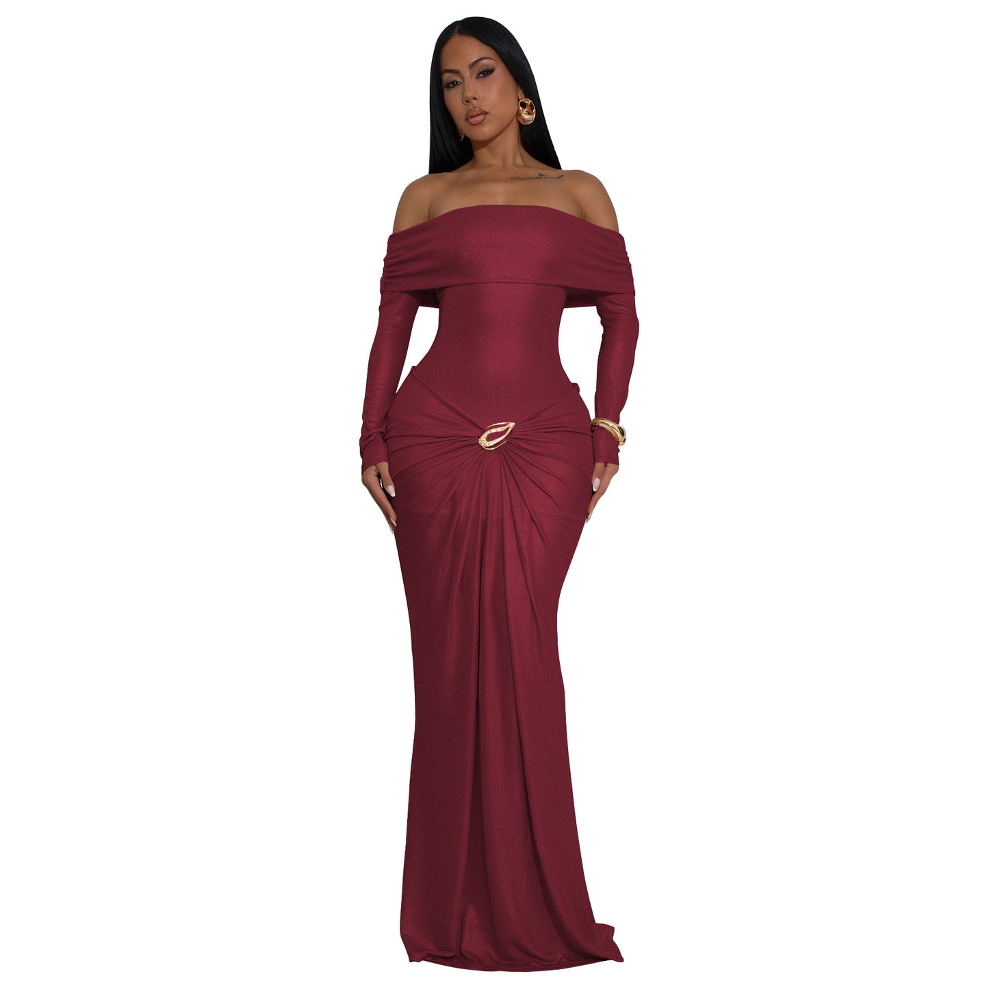 MYF (S-2XL) 10929 off-the-shoulder gown long sleeve glossy dress