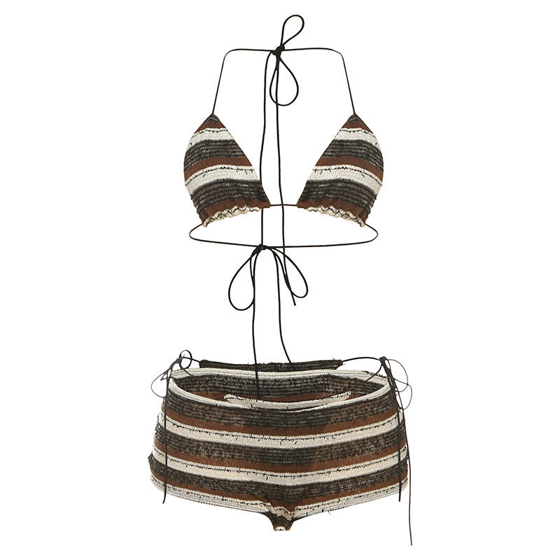 SXR spring/summer fashion halter lace-up striped bikini three-piece suit
