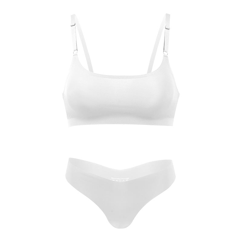 Seamless thin large size underwear set small breast size exaggerating bra T-shaped beauty back adjustable wireless bra