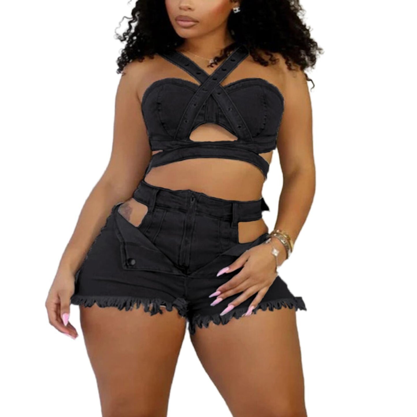 MZ (S-2XL) denim vest shorts MZ88637 tube top bandage stretch shorts suit