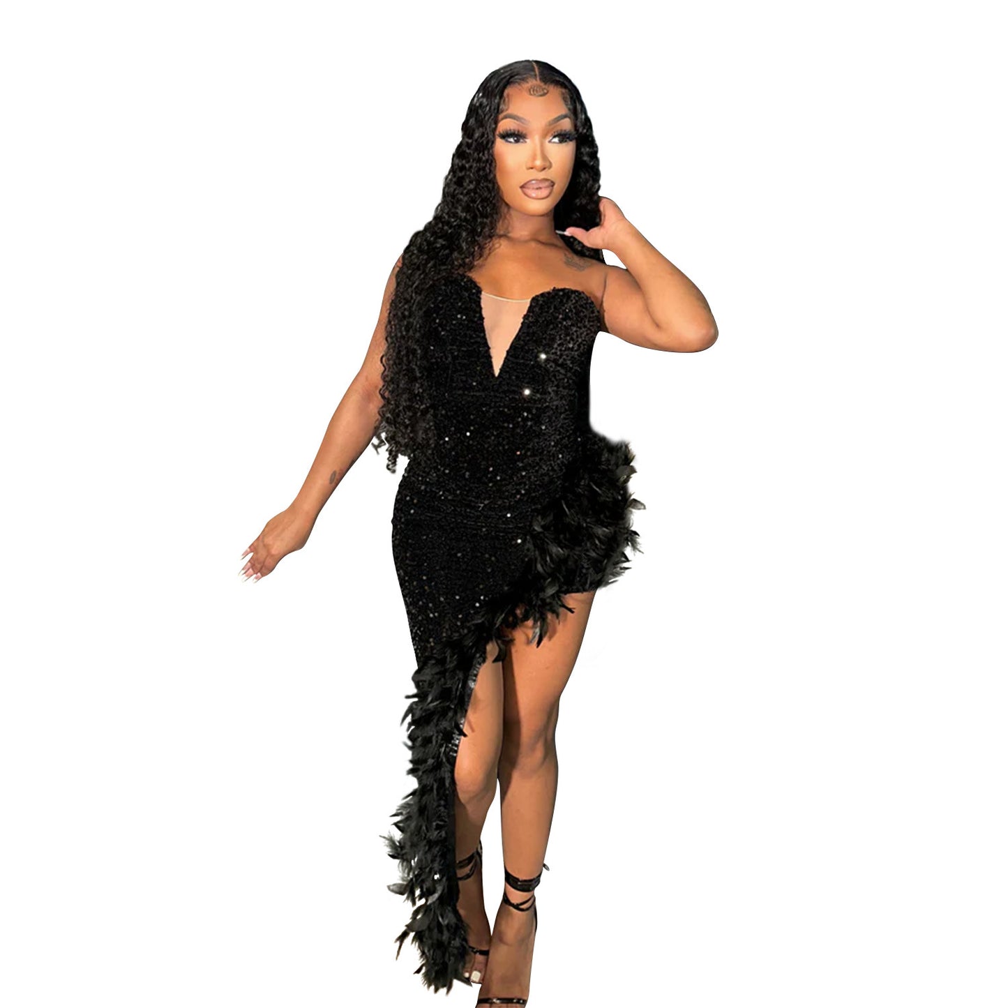 XYZ C6713 tube top backless sequined feather dress