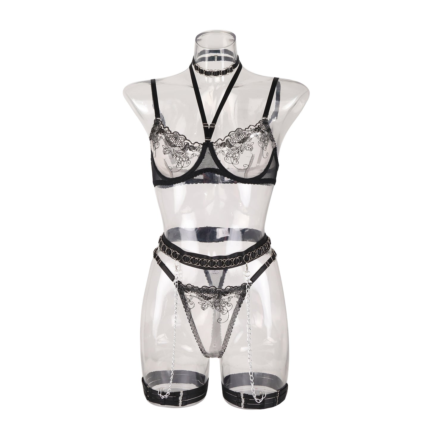 Lace hollow-out stitching see-through metal chain halter sexy lingerie