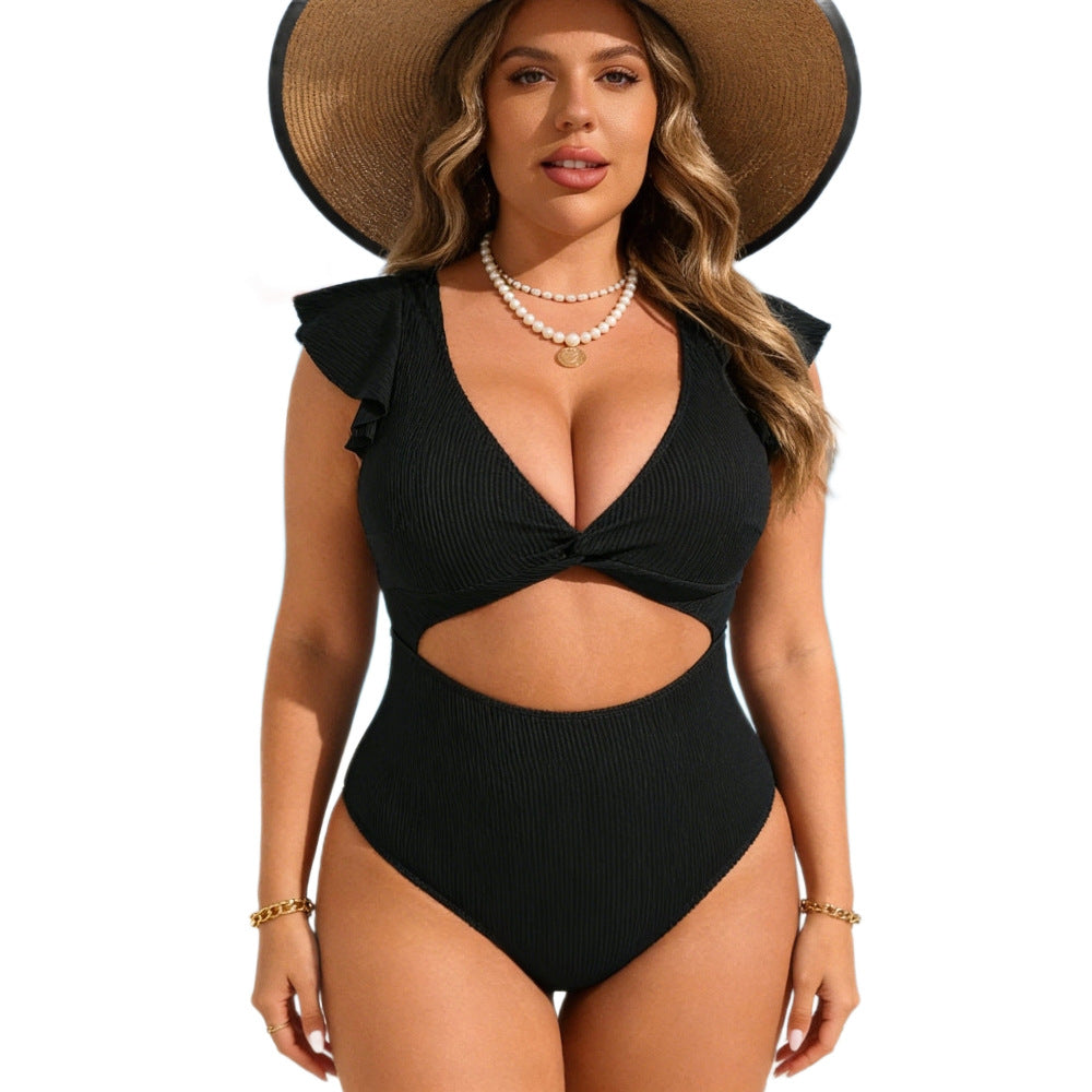 CL (L-4XL) 2026 one-piece high waist swimsuit female wooden ear waist hollow out