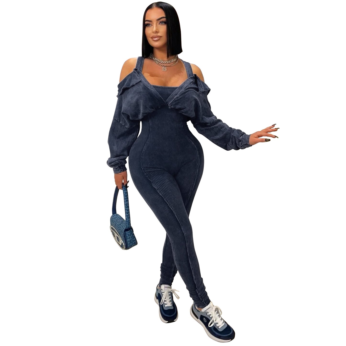 MYF (S-2XL) K10820 cold-shoulder bodycon jumpsuit