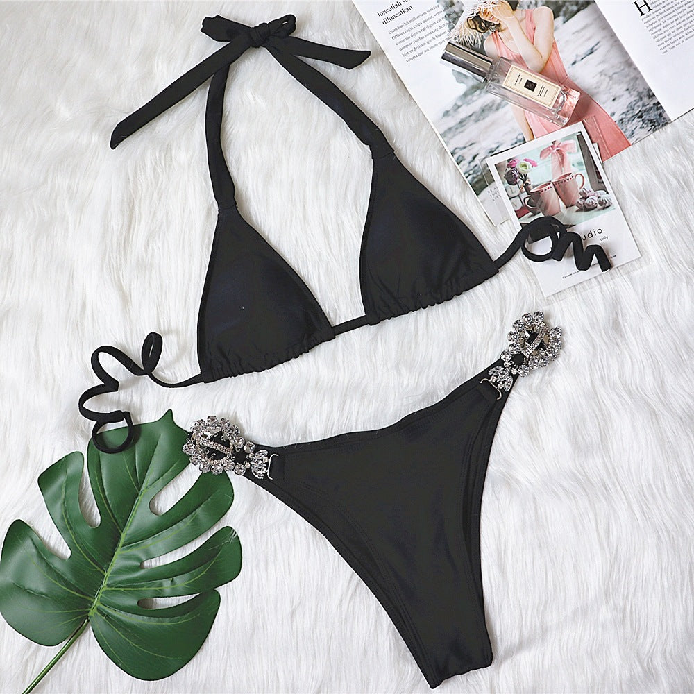 Sexy bikini plain women's split strap luxury crystal diamond metal accessories