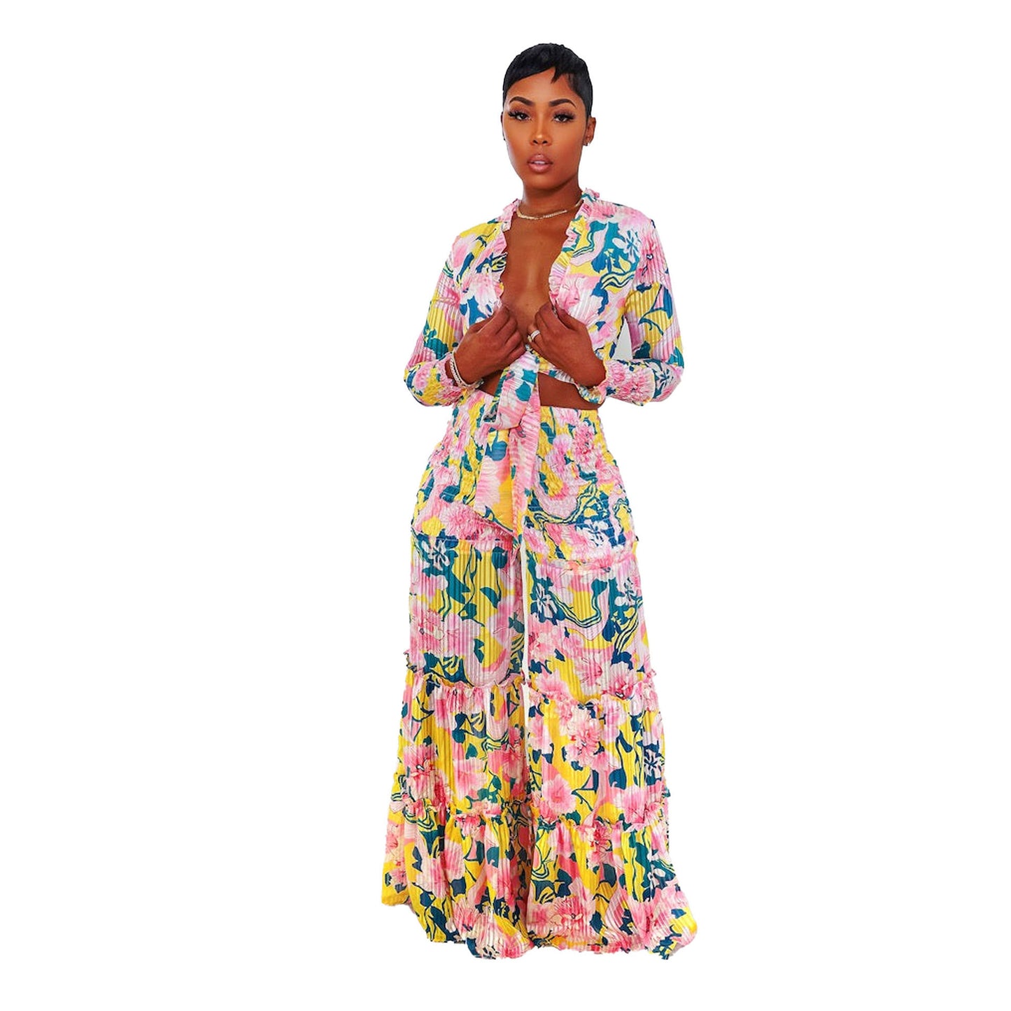 GY (L-3XL) K2749 wide leg pleated smocking lace band plus size long-sleeve suit two-piece set