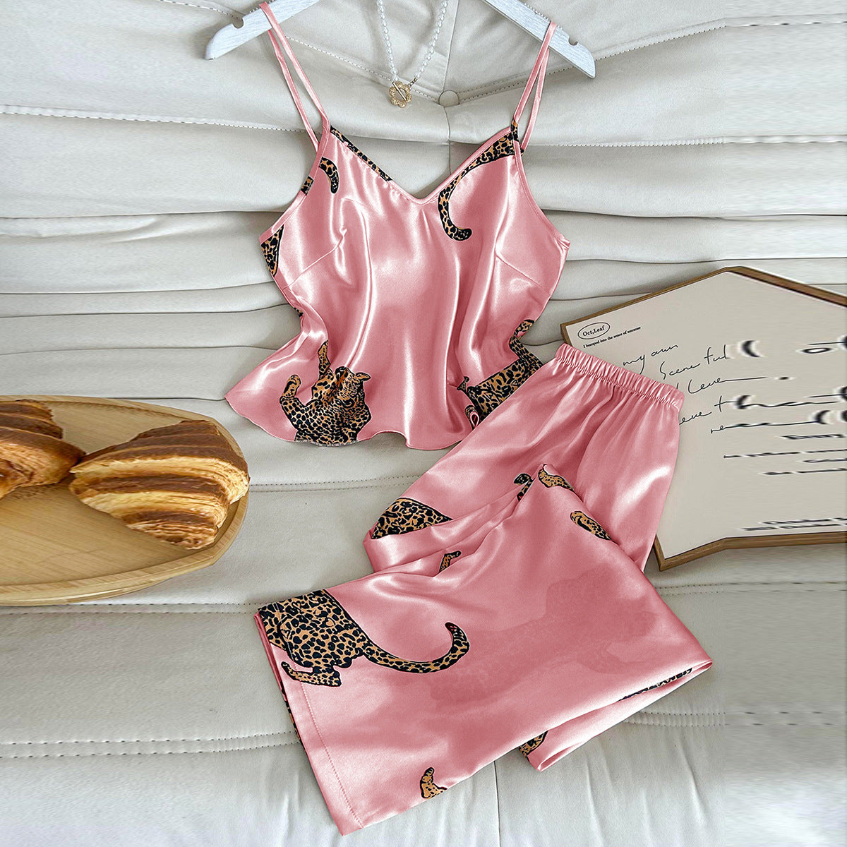 (S-XL) DNL pajamas leopard print suspender trousers suit imitated silk pajamas suit